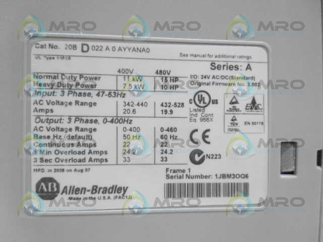 ALLEN BRADLEY 20BD022A0AYYANA0 SER. A F/W 3.002 AC DRIVE *NEW IN BOX*