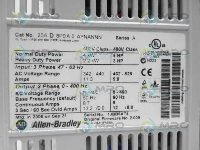 ALLEN BRADLEY POWERFLEX 70 20AD8P0A0AYNANNN SER. A F/W 2.009 (AS PICTURED)*USED*