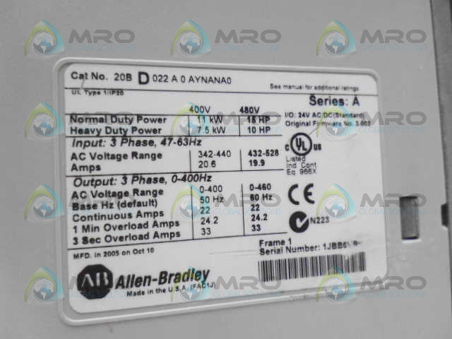 ALLEN BRADLEY POWERFLEX 700 20BD022A0AYNANA0 SER. A F/W 3.002 AC DRIVE *USED*