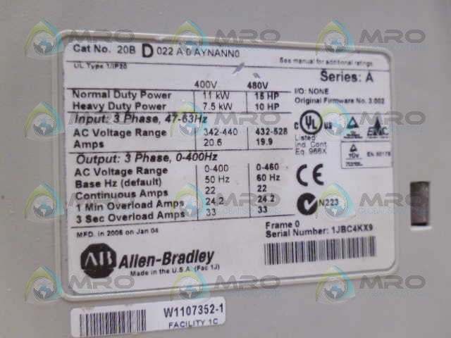 ALLEN BRADLEY POWERFLEX 700 20BD022A0AYNANN0 SER. A F/W 3.002 AC DRIVE *USED*
