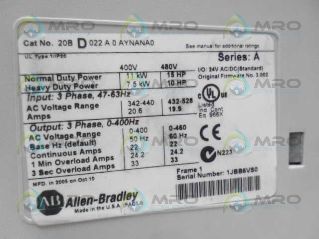 ALLEN BRADLEY POWERFLEX 700 20BD022A0AYNANA0 SER. A F/W 3.002 (AS PICTURE)*USED*