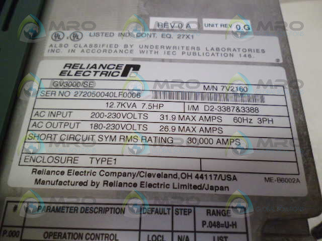 RELIANCE ELECTRIC GV3000/SE 7V2160 AC DRIVE *NEW IN BOX*