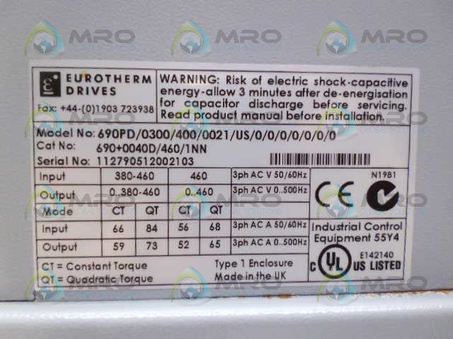 EUROTHERM 690PD/0300/400/0021/US/0/0/0/0/0/0/0 AC INVERTER DRIVE *USED*