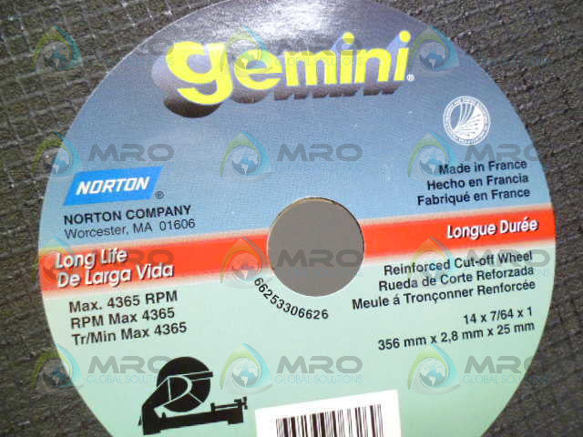 NORTON GEMINI 66253306626 ALUMINUM OXIDE ABRASIVE CUTOFF WHEEL *NEW NO BOX*