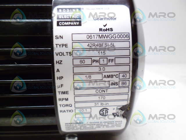 BODINE 42R4BFSI-5L GEARMOTOR 1/8 HP 170 RPM *NEW NO BOX*