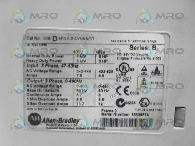 ALLEN BRADLEY 20BD8P0A0AYNANC0 SER B POWERFLEX 700 *USED*