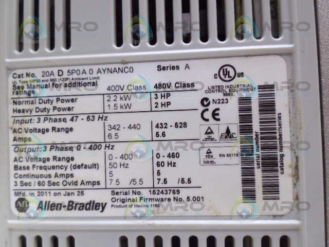 ALLEN BRADLEY 20AD5P0A0AYNANC0 SER A POWERFLEX 70 (AS PICTURED) *USED*