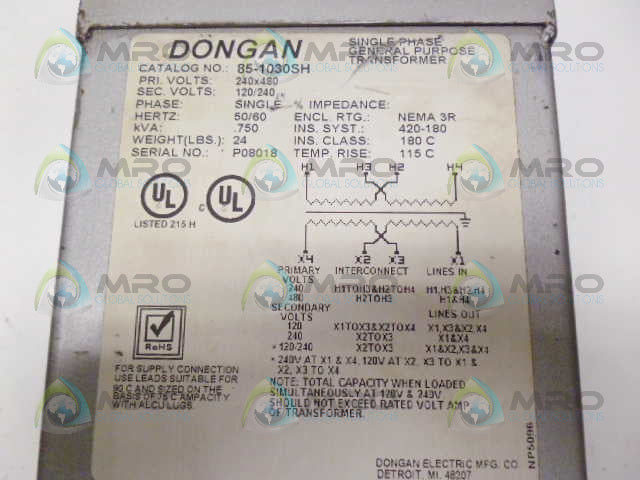 DONGAN 85-1030SH SINGLE PHASE GENERAL PURPOSE TRANSFORMER *USED*