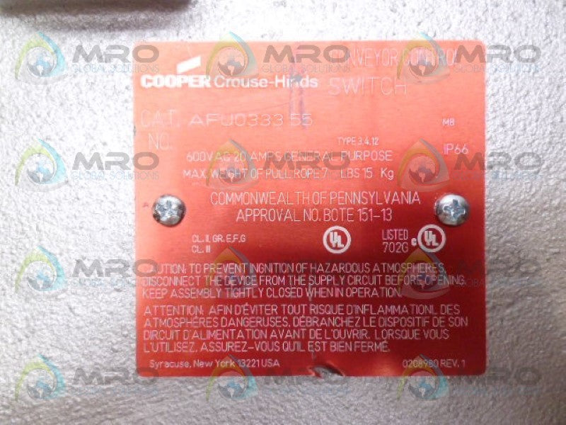 COOPER AFU033355 CONVEYOR CONTROL SWITCH *NEW NO BOX*