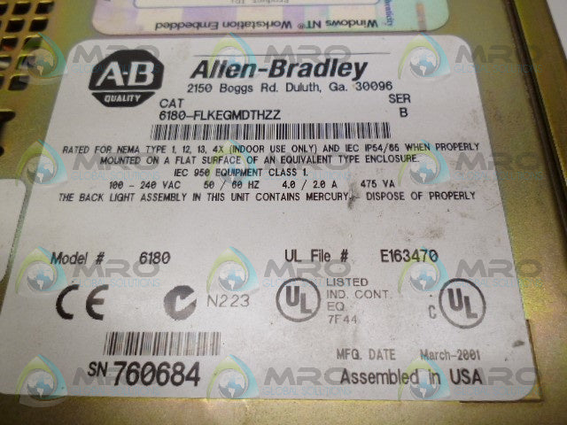 ALLEN BRADLEY 6180-FLKEGMDTHZZ SER B *USED*
