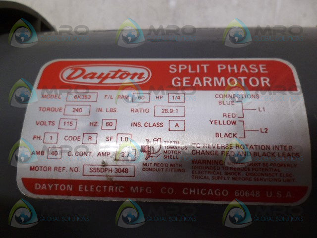DAYTON 6K353 1/4HP 60RPM SPLIT PHASE GEAR MOTOR *NEW NO BOX*