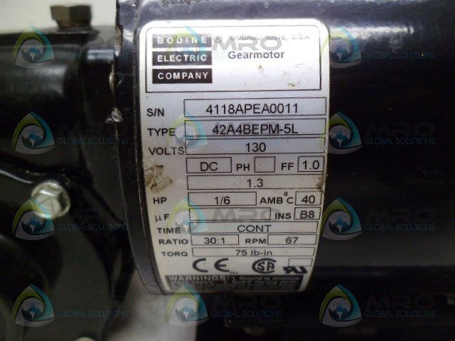 BODINE 42A4BEPM-5L RATIO 30:1 GEARMOTOR *USED*
