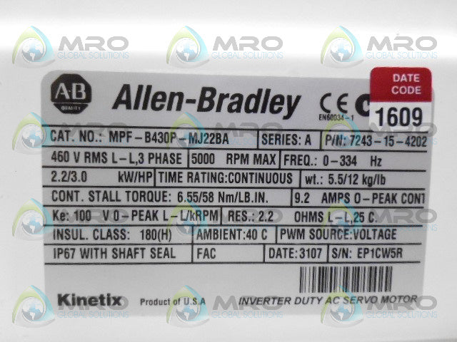 ALLEN BRADLEY MPFB430PMJ22BA SER A AC SERVO MOTOR (REMANUFACTURED) *NEW IN BOX*