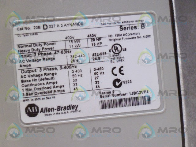 ALLEN BRADLEY POWERFLEX 700 20BD027A3AYNAND0 SER B FRN 4.002 DRIVE *NEW IN BOX*