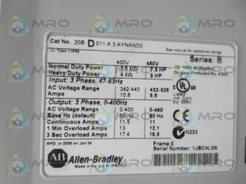 ALLEN BRADLEY 20BD011A3AYNAND0 SER B F/W 4.003 AC DRIVE *NEW IN BOX*