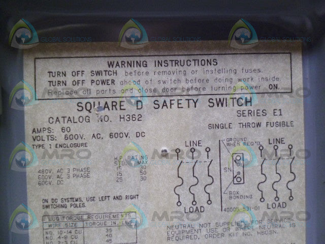 SQUARE D H362 SAFETY SWITCH *USED*