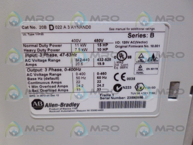 ALLEN BRADLEY 20BD022A3AYNAND0 SER B F/W 10.001  AC DRIVE *NEW IN BOX*
