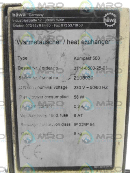 HAWA KOMPAKT 500 3114-0500-25-01 HEAT EXCHANGER *USED*