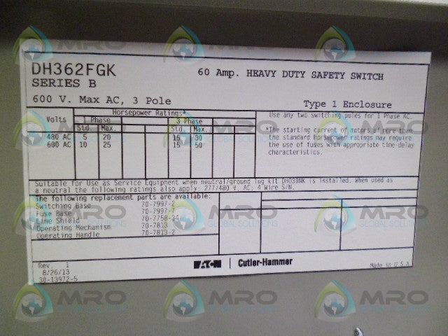 EATON DH362FGK SAFETY SWITCH *NEW IN BOX*