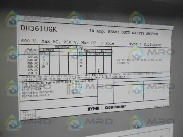 EATON DH361UGK SAFETY SWITCH *NEW IN BOX*