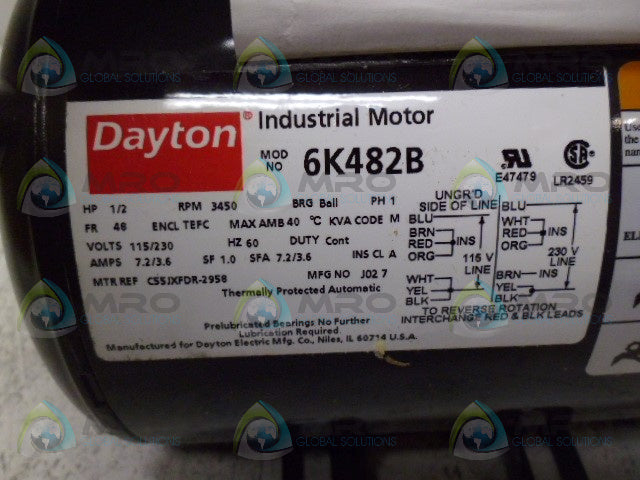 DAYTON 6K482B INDUSTRIAL MOTOR 1/2HP 3450RPM *NEW IN BOX*