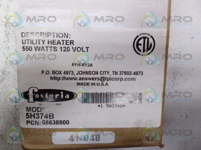 FOSTORIA 5H374B FFH-512A UTILITY HEATER *FACTORY SEALED*