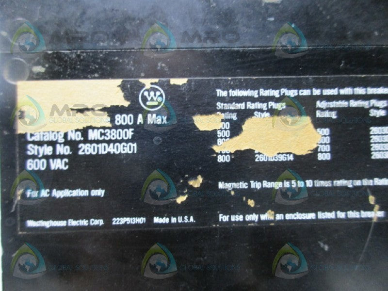 WESTINGHOUSE MC3800 800A CIRCUIT BREAKER *NEW NO BOX*