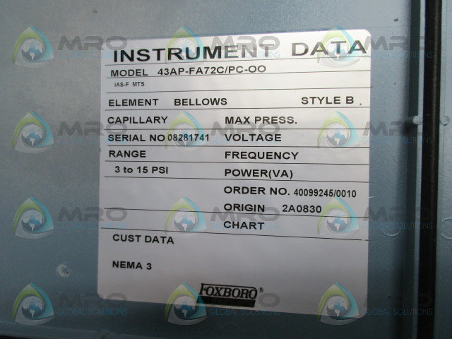 FOXBORO 43AP-FA72C/PC-00 INSTRUMENT DATA *NEW NO BOX*
