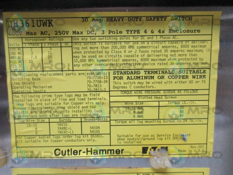 CUTLER HAMMER DH361UWK 30A HEAVY DUTY SAFETY SWITCH *USED*
