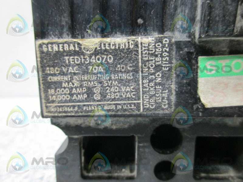 GENERAL ELECTRIC TED134070 CIRCUIT BREAKER 70A *USED*