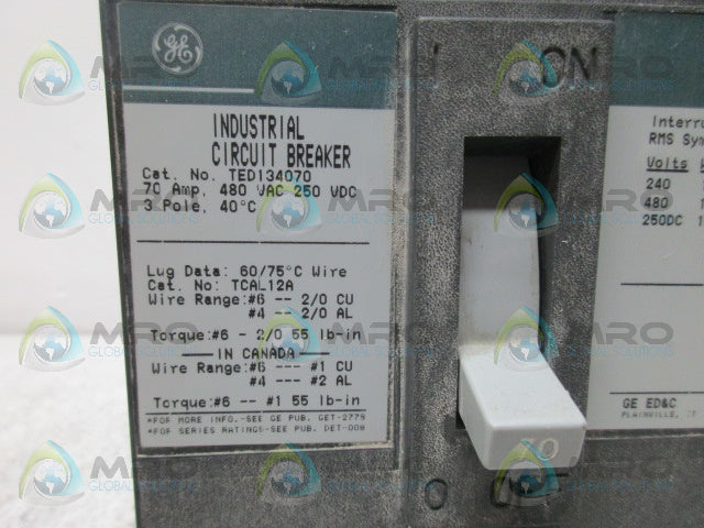 GENERAL ELECTRIC TED134070 CIRCUIT BREAKER 70A (GREEN) *USED*