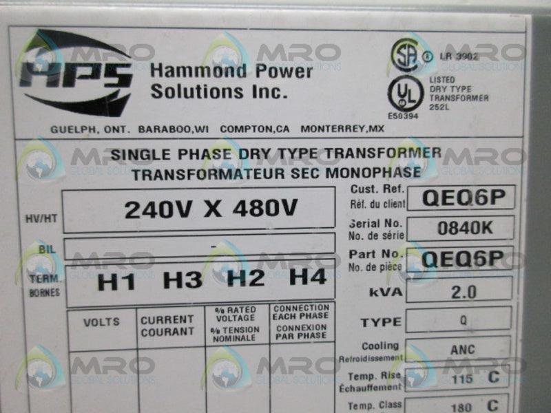 HPS QEQ6P GENERAL PURPOSE TRANSFORMER *NEW IN BOX*