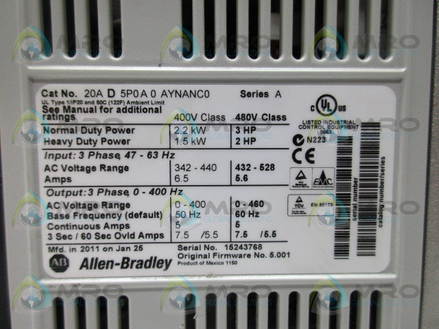 ALLEN BRADLEY 20AD5P0A0AYNANC0 SER A F/W 5.001 DRIVE w/ 20-HIM-A3 SER C *USED*
