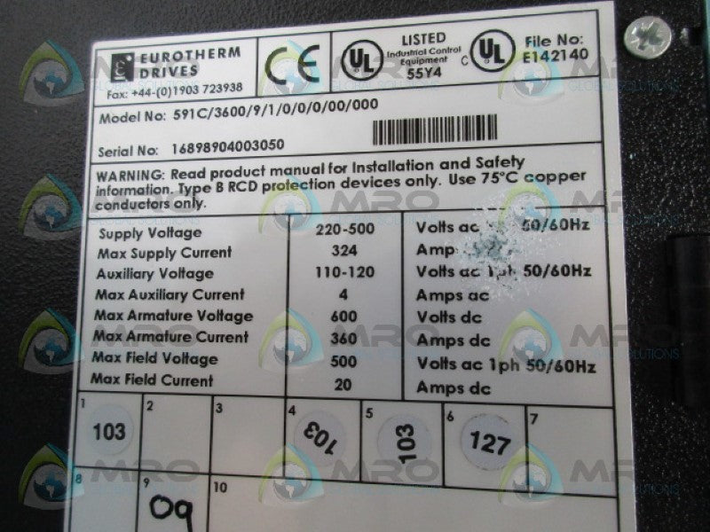 EUROTHERM 591C/3600/9/1/0/0/0/00/000 DRIVE (AS PICTURED) *USED*