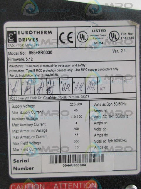 EUROTHERM 955+8R0030 FW 5.12 VER 2.1 DRIVE *USED*