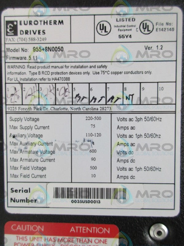 EUROTHERM 955+8N0050 FW 5.11 VER 1.2 DRIVE (AS PICTURED) *USED*