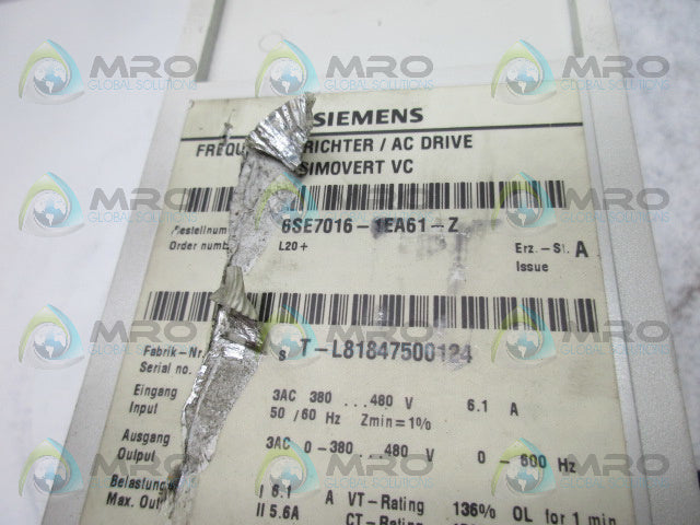 SIEMENS 6SE7016-1EA61-Z AC DRIVE (AS PICTURED) *USED*