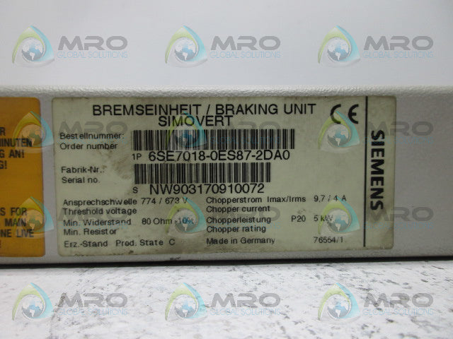 SIEMENS 6SE7018-0ES87-2DA0 BRAKING UNIT *USED*