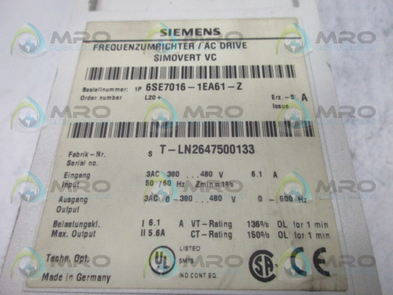 SIEMENS 6SE7016-1EA61-Z AC DRIVE *USED*