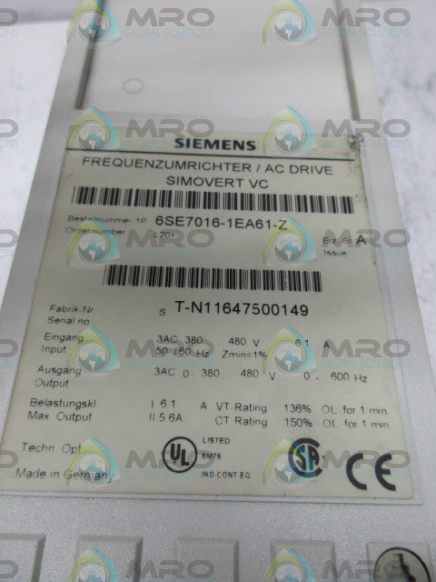SIEMENS 6SE7016-1EA61-Z AC DRIVE *NEW NO BOX*