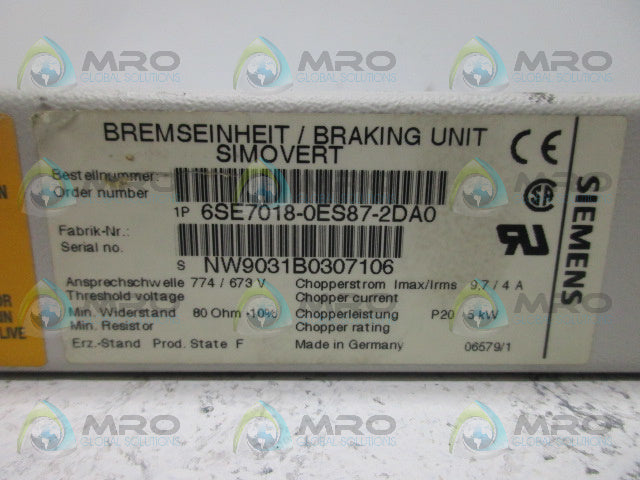 SIEMENS 6SE7018-0ES87-2DA0 BRAKING UNIT *NEW NO BOX*