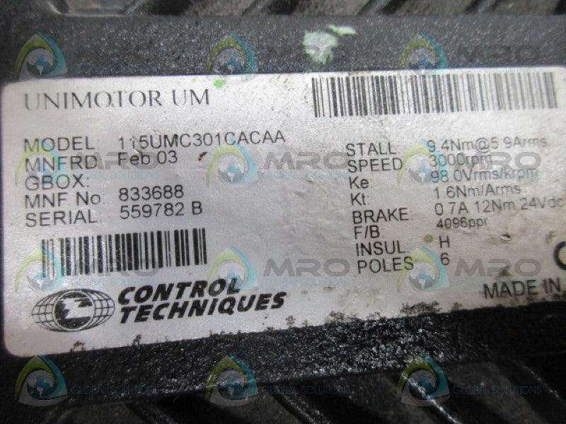 CONTROL TECHNIQUES 115UMC301CACAA BRUSHLESS SERVO MOTOR *USED*