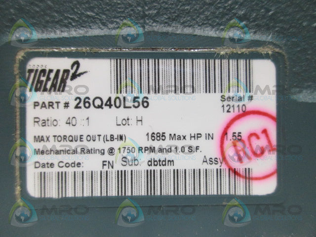 DODGE TIGEAR2 26Q40L56 RATIO 40:1 GEAR REDUCER *NEW NO BOX*