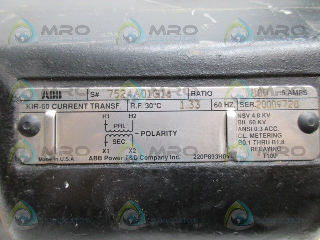 ABB 7524A01G16 RATIO 800:5AMPS *USED*