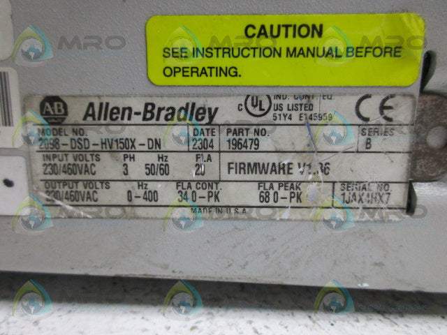 ALLEN BRADLEY ULTRA3000I 2098-DSD-HV150X-DN SER B F/W V1.36 AC DRIVE *USED*