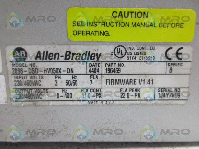 ALLEN BRADLEY ULTRA3000I 2098-DSD-HV050X-DN SER B F/W V1.41 AC DRIVE *USED*