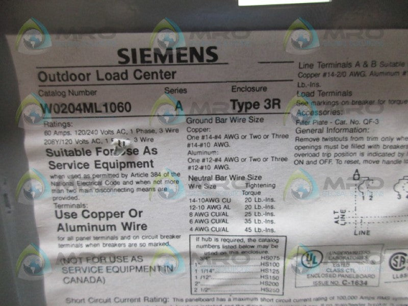 SIEMENS W0204ML1060 LOAD CENTER *NEW NO BOX*