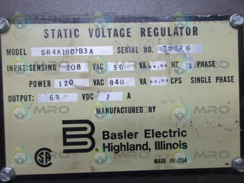 BASLER ELECTRIC SR4A1B07B3A STATIC VOLTAGE REGULATOR *USED*