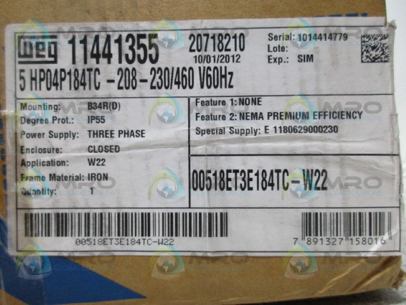 WEG 00518ET3E184TC-W22 MOTOR *FACTORY SEALED*