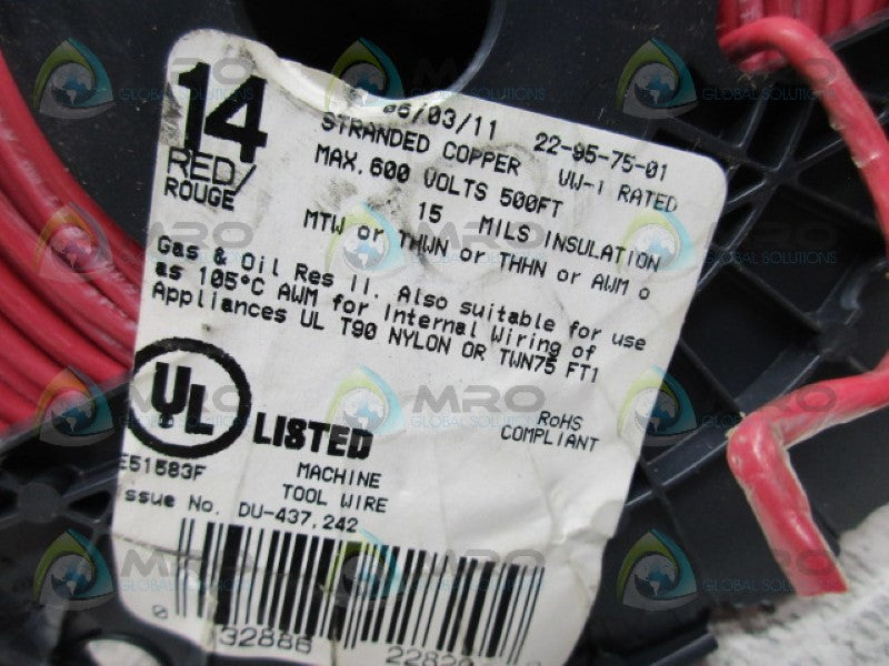 INDUSTRIAL MRO PART# 22-95-75-01 RED WIRE 500' *NEW NO BOX*
